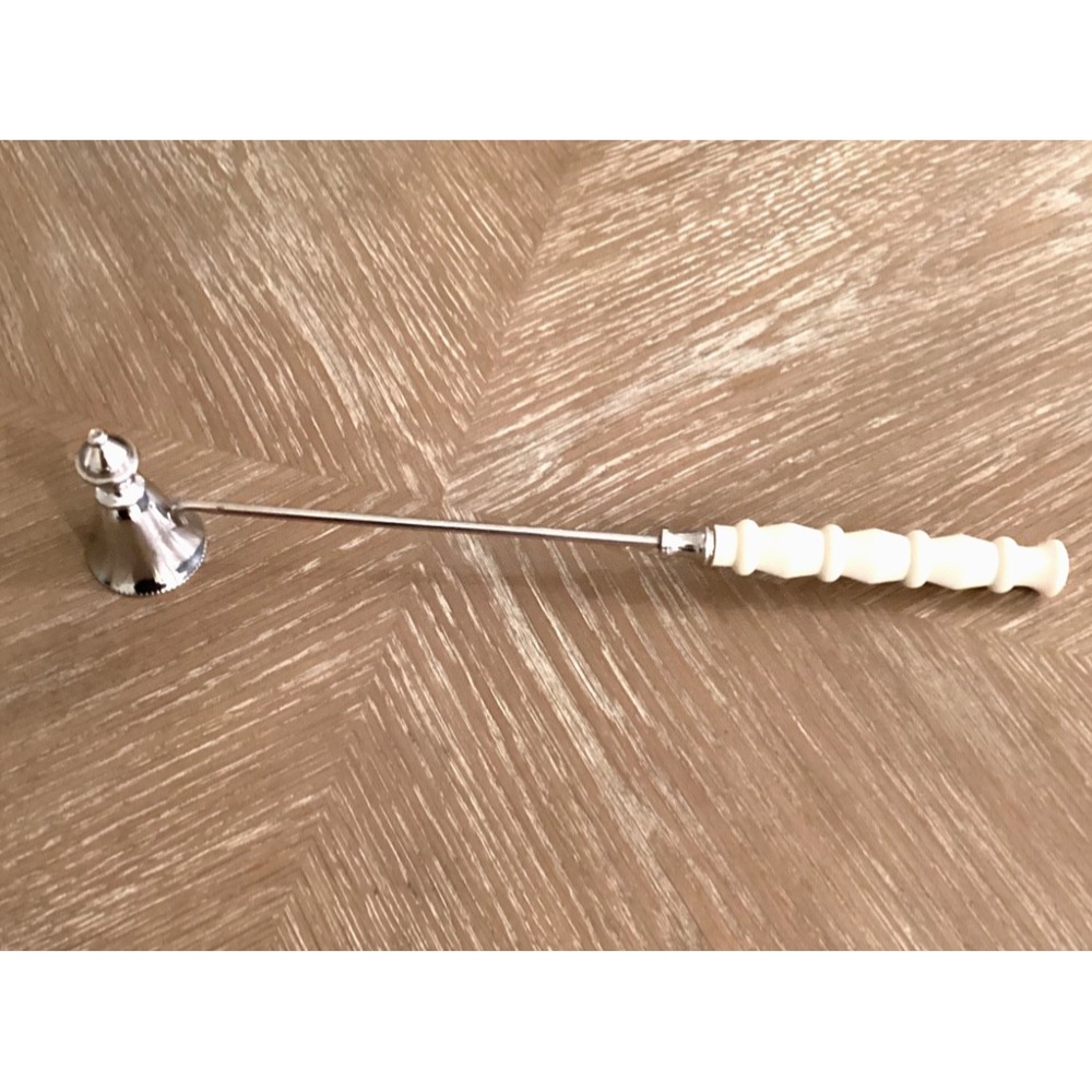 Silver Tone Metal Candle Snuffer Bell Shaped With Faux Bone Colored Handle